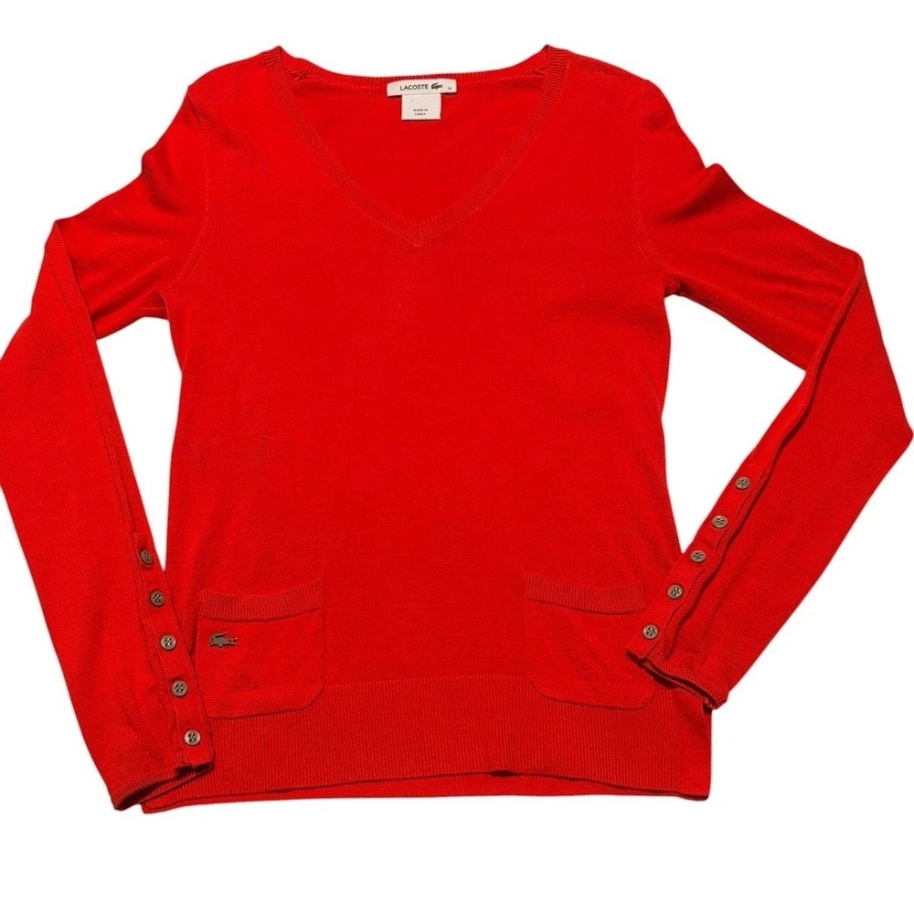 Lacoste Women's XS Red Solid V-Neck Long Sleeve Pullover Sweater Pockets Cotton